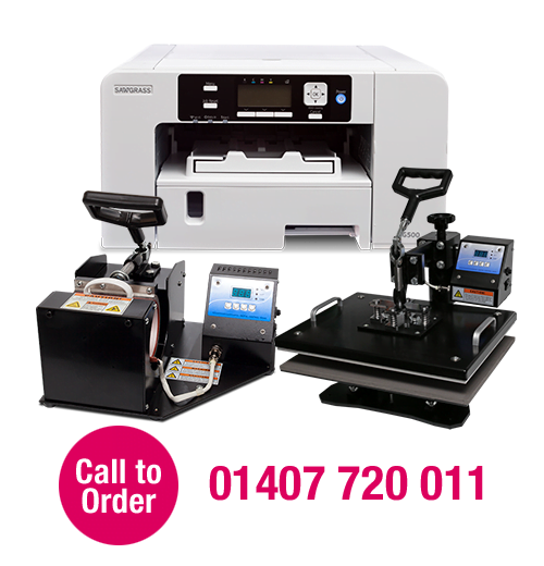 Complete Sublimation Starter Kit with Sawgrass SG500 Printer, Mug Press, and Heat Press.